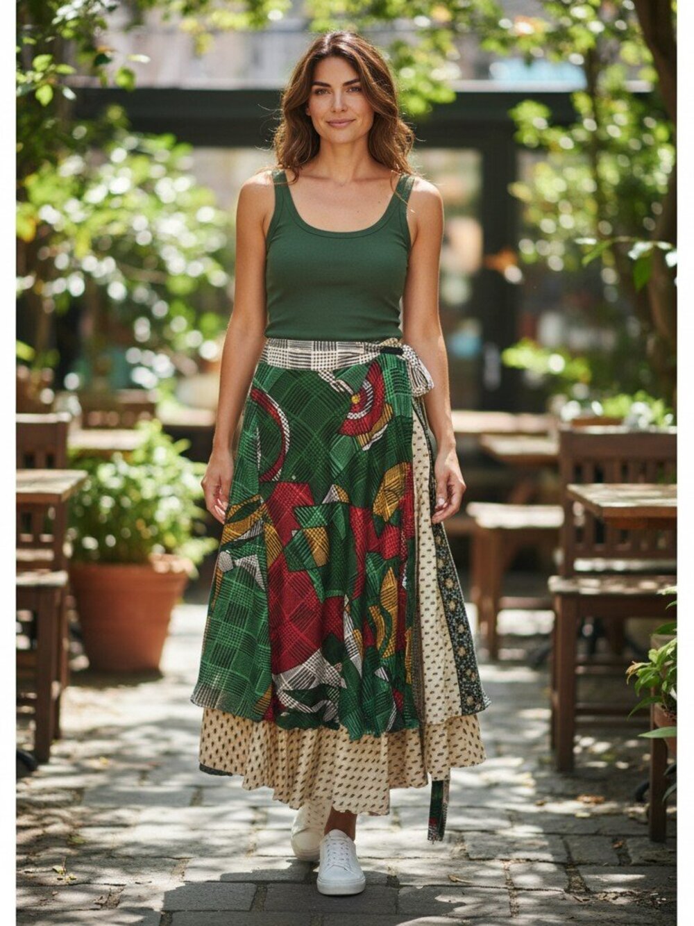 Wevez Womens Size Large Colorful Boho Wrap Midi Skirt Silk Blend